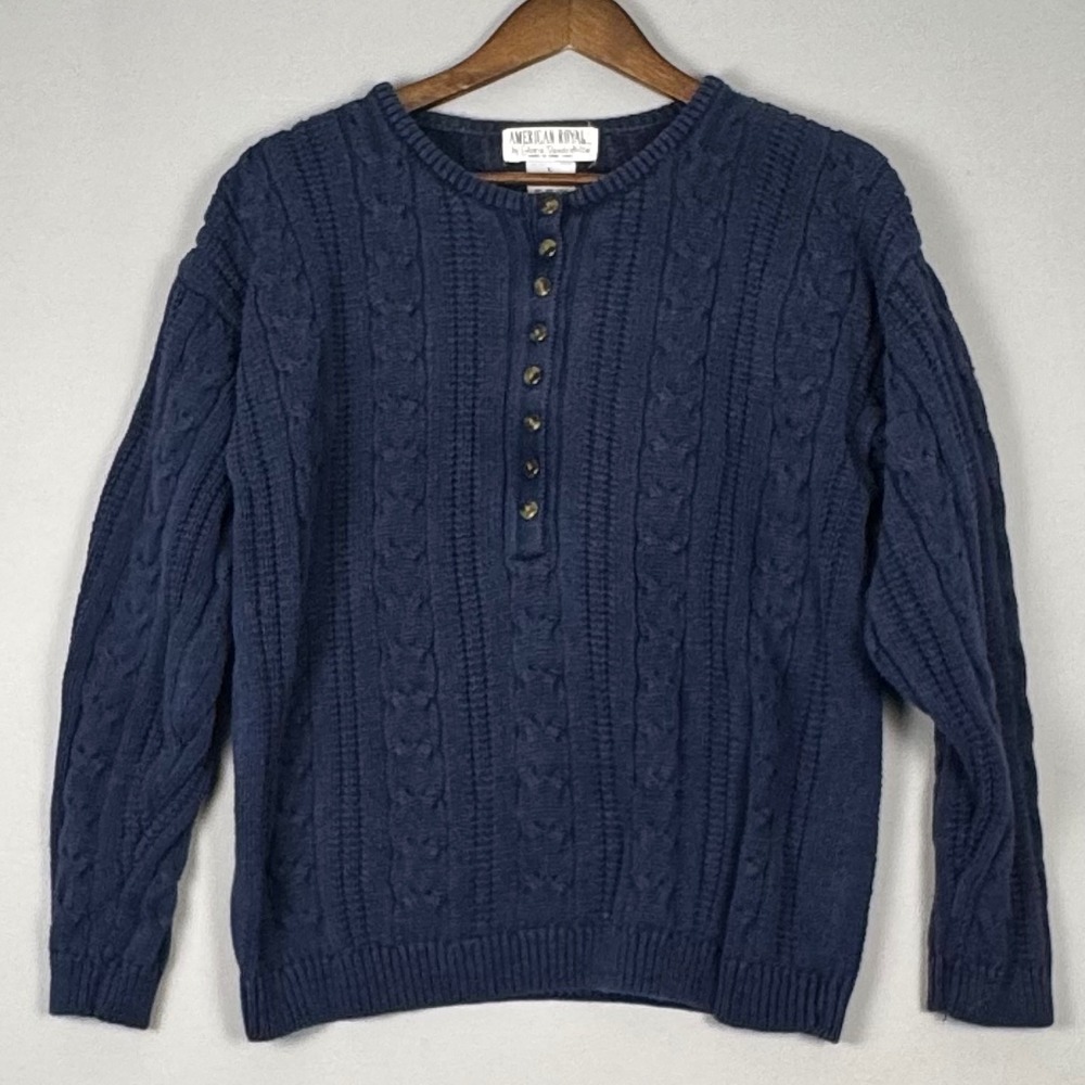American Royal Gloria Vanderbilt Henley Sweater Large Navy Blue Vintage